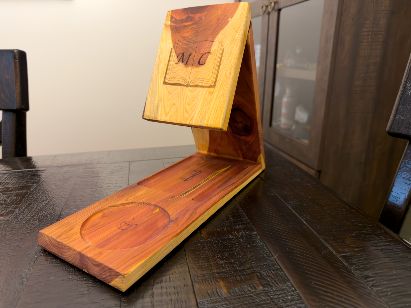 Handcrafted wooden folding stand with engraved design Custom wood nameplate with glossy epoxy lettering