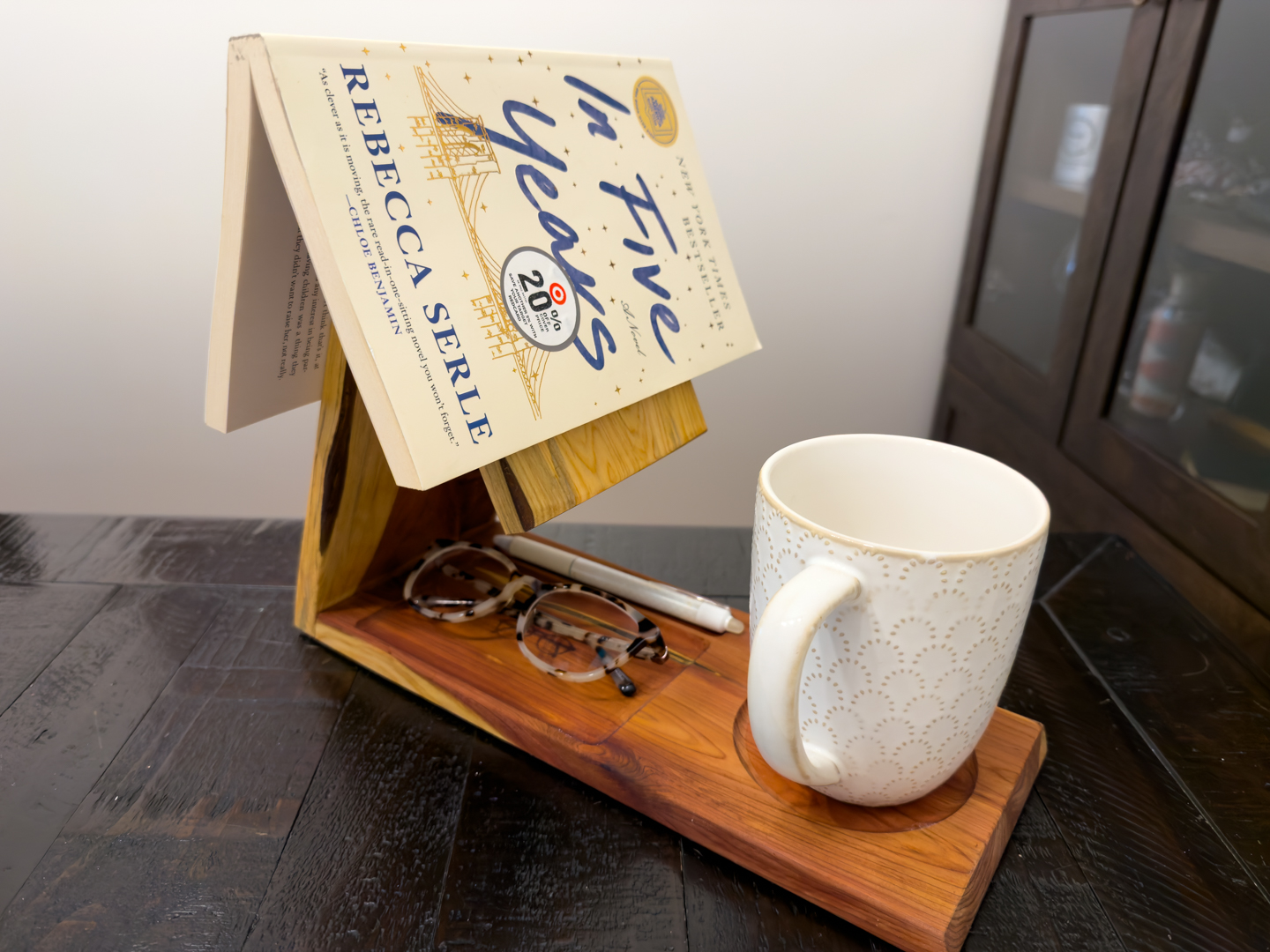Cozy desk organizer with book, mug, and reading glasses Finished Custom Desk Epoxy Nameplate