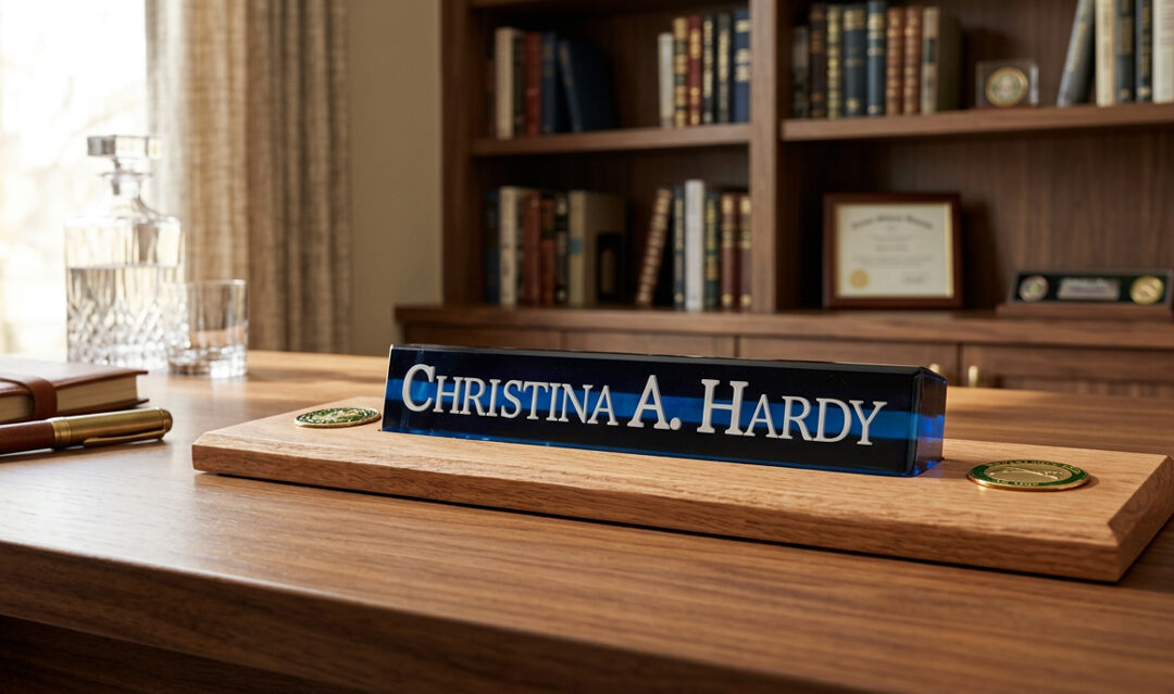 Finished layered epoxy desk nameplate on an oak base
