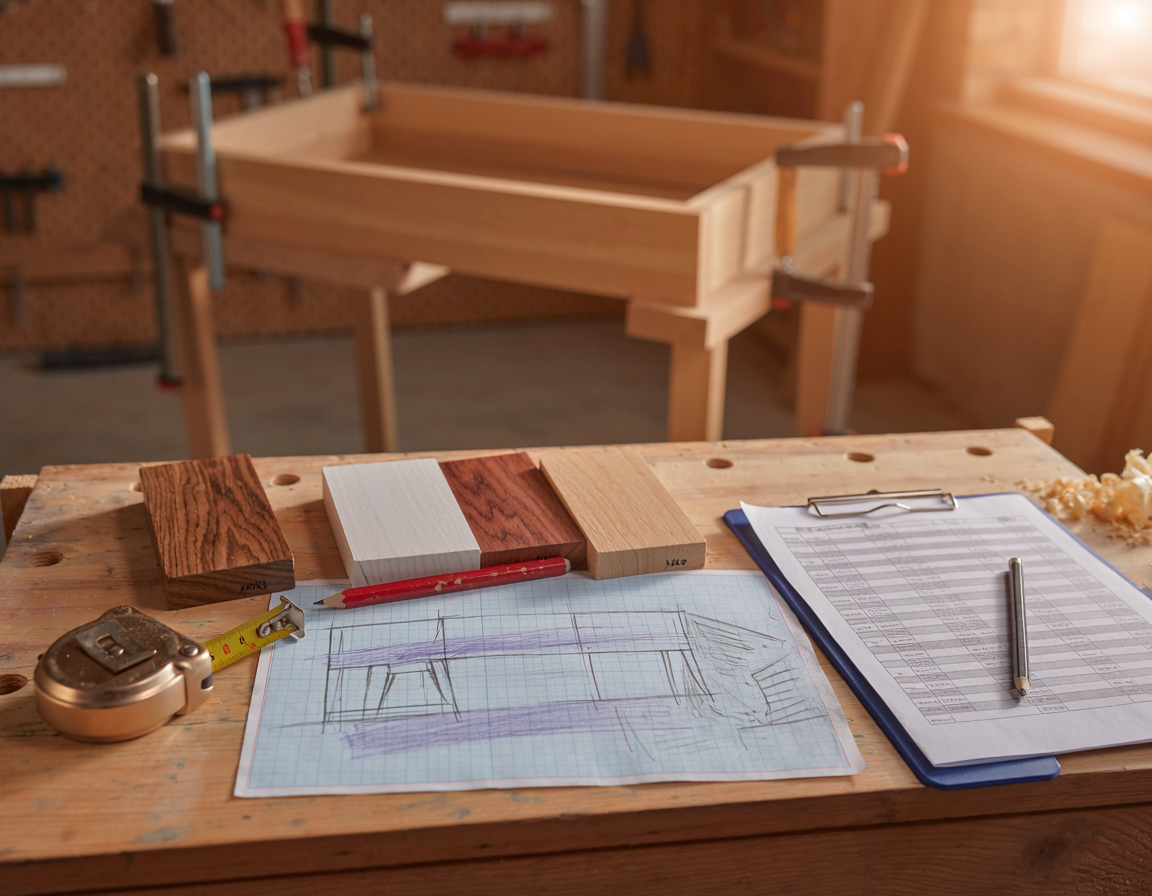 Firefly_A warm, realistic photograph of a small custom woodworking shop, shot from slightly a 543734 Workbench with a furniture sketch, tape measure, wood samples, and a clipboard, with a clamped hardwood piece in the background.
