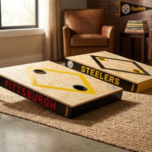 Pittsburgh-themed wooden toss game boards on a rug beside an armchair