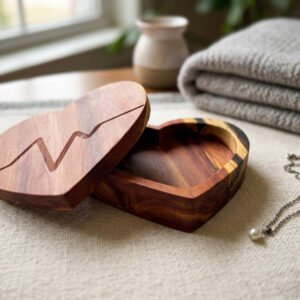 Cedar heartbeat keepsake box with a heart-shaped lid, carved heartbeat line, and striped accents