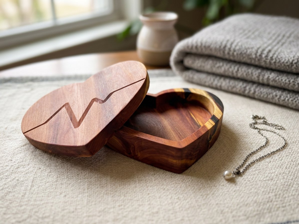 Cedar heartbeat keepsake box with a heart-shaped lid, carved heartbeat line, and striped accents