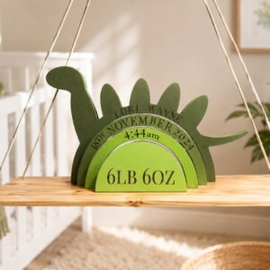 Green dinosaur-shaped birth announcement displayed on a nursery swing