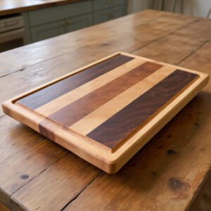 Striped wooden cutting board on a rustic indoor dining table
