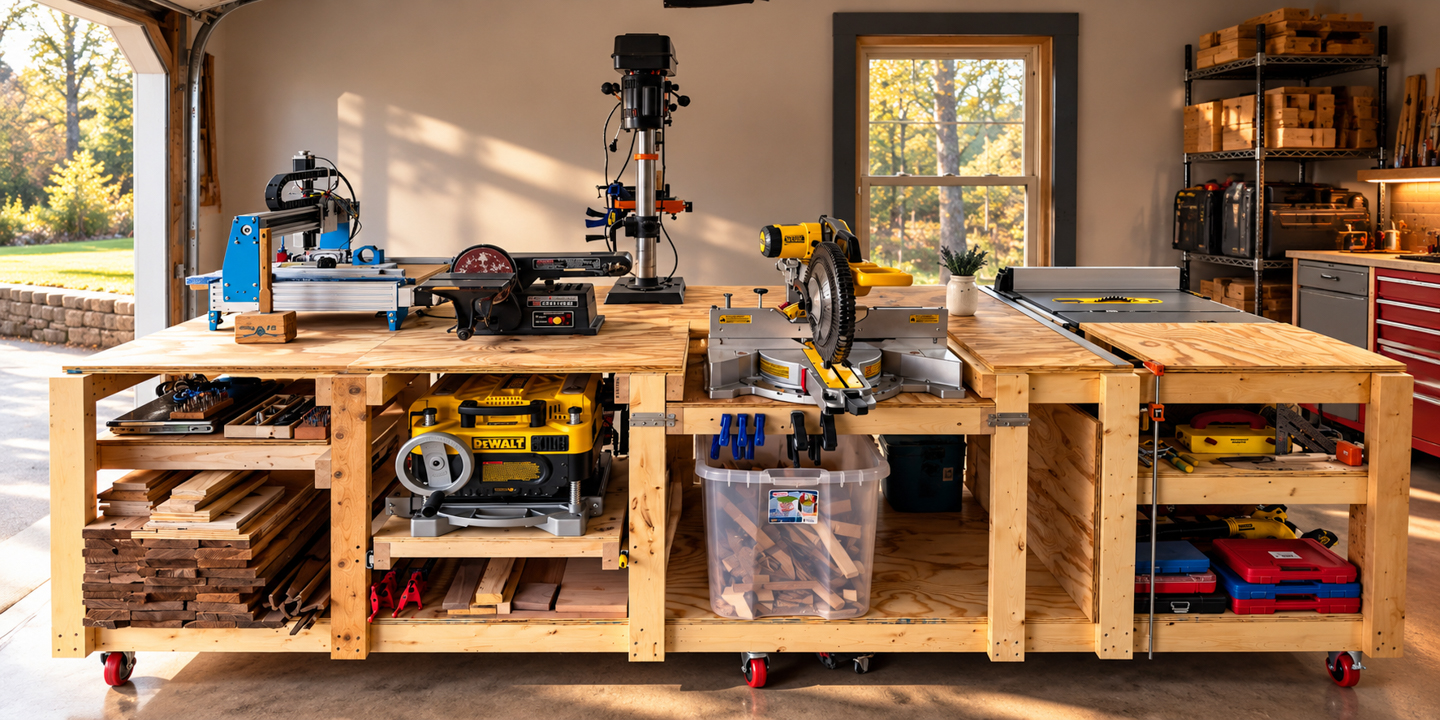 Bright garage woodworking shop with tools and workbenches Vern's Woodworking Wood Shop
