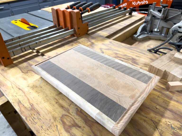 The glued-up end grain board on the workbench.