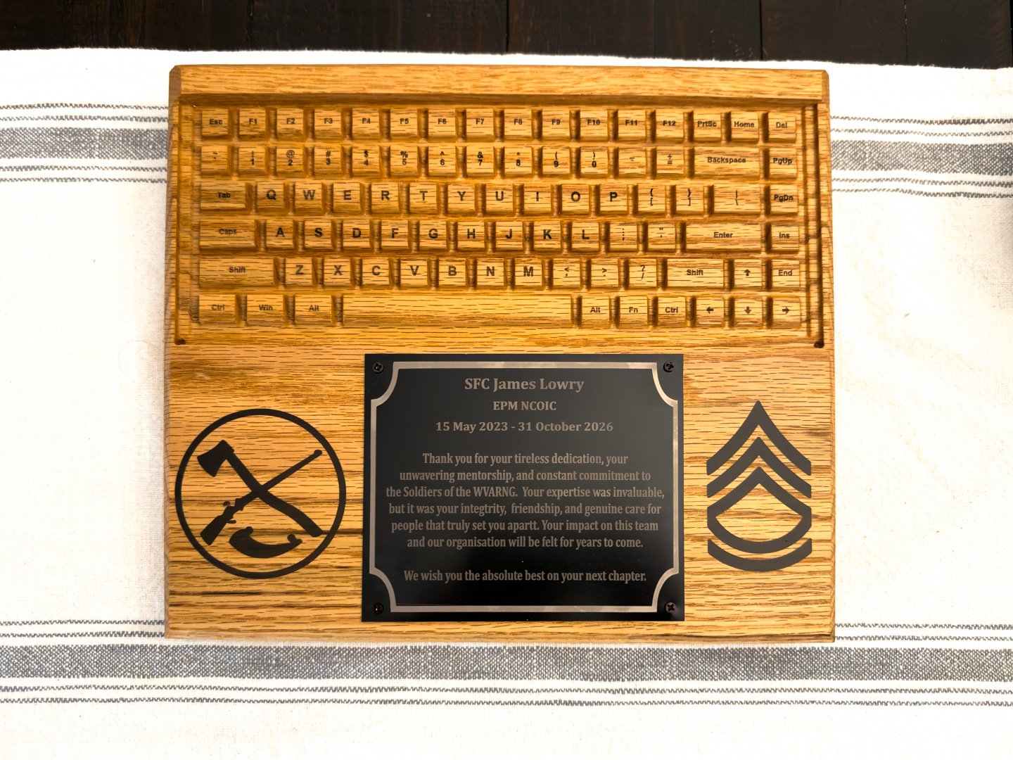 Custom wooden keyboard plaque with engraved thank-you message