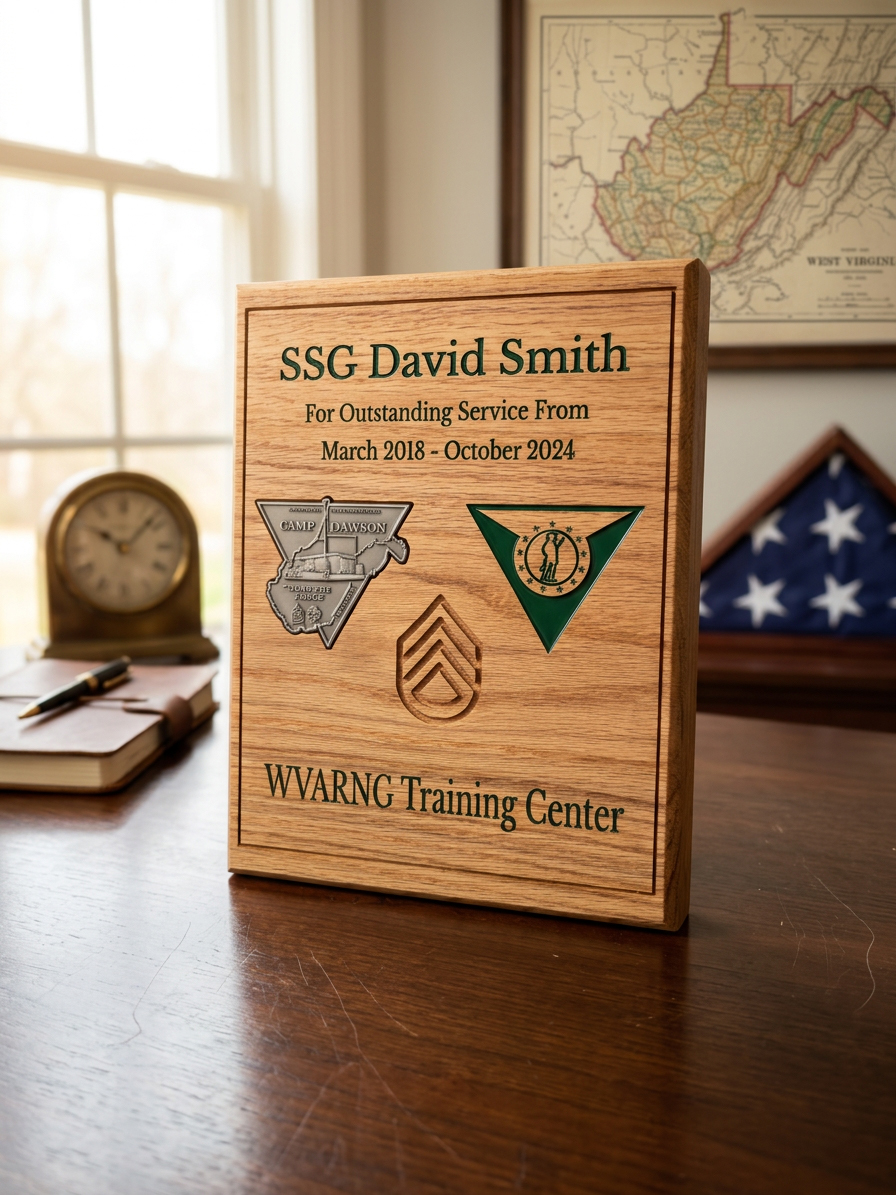 An engraved wooden award plaque standing on a desk in an office