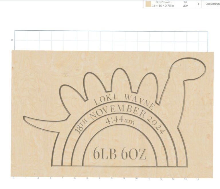 Dinosaur birth announcement layout in CNC design software, with the dinosaur and arches nested on one 16 by 10 inch board