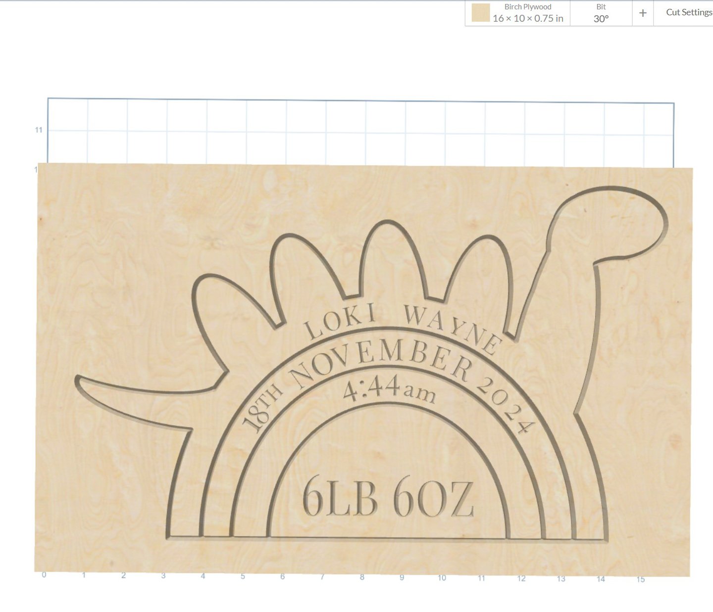 Dinosaur birth announcement layout in CNC design software, with the dinosaur and arches nested on one board Dinosaur birth announcement layout in CNC design software, with the dinosaur and arches nested on one board