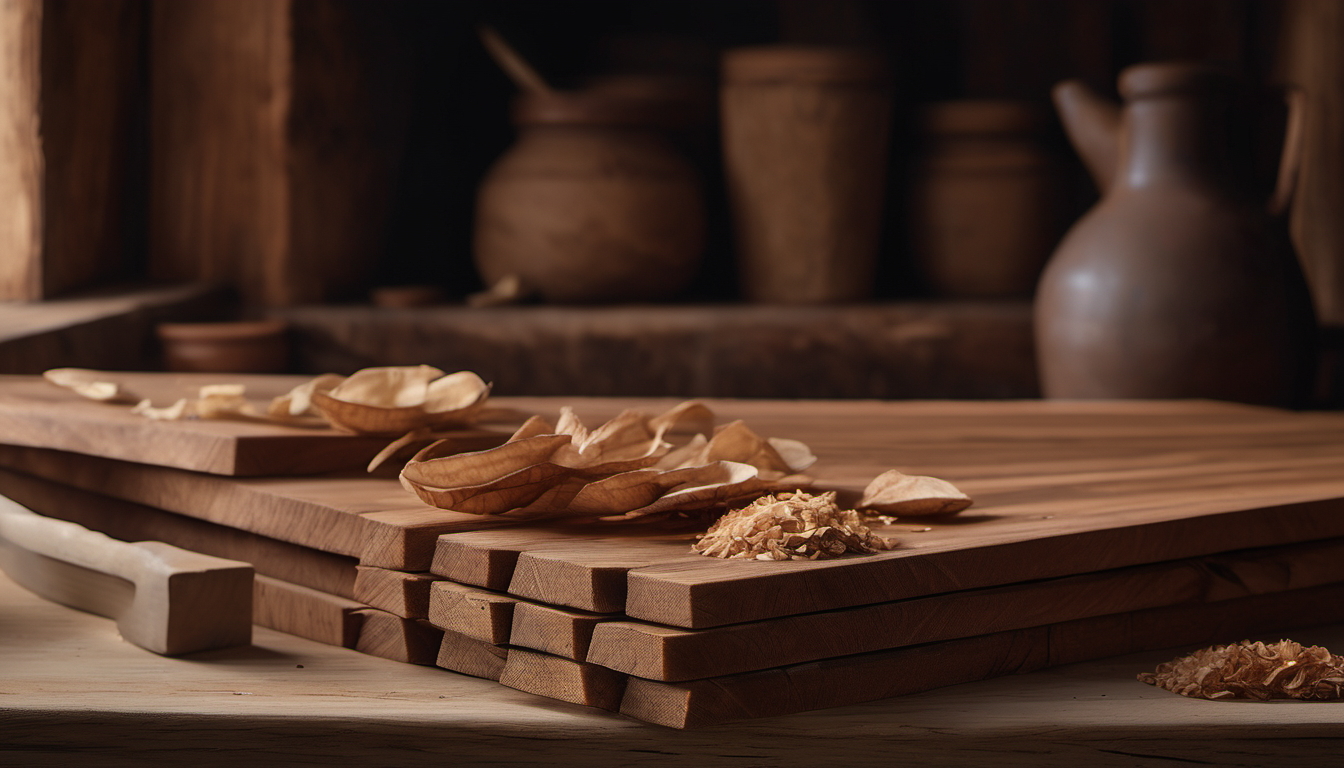 Illustrative hardwood boards and wood shavings Illustrative hardwood boards and curled wood shavings in warm light