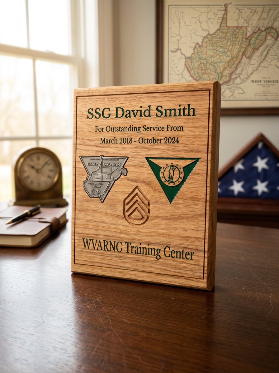 Military service award plaques: oak example engraved with rank insignia and service dates