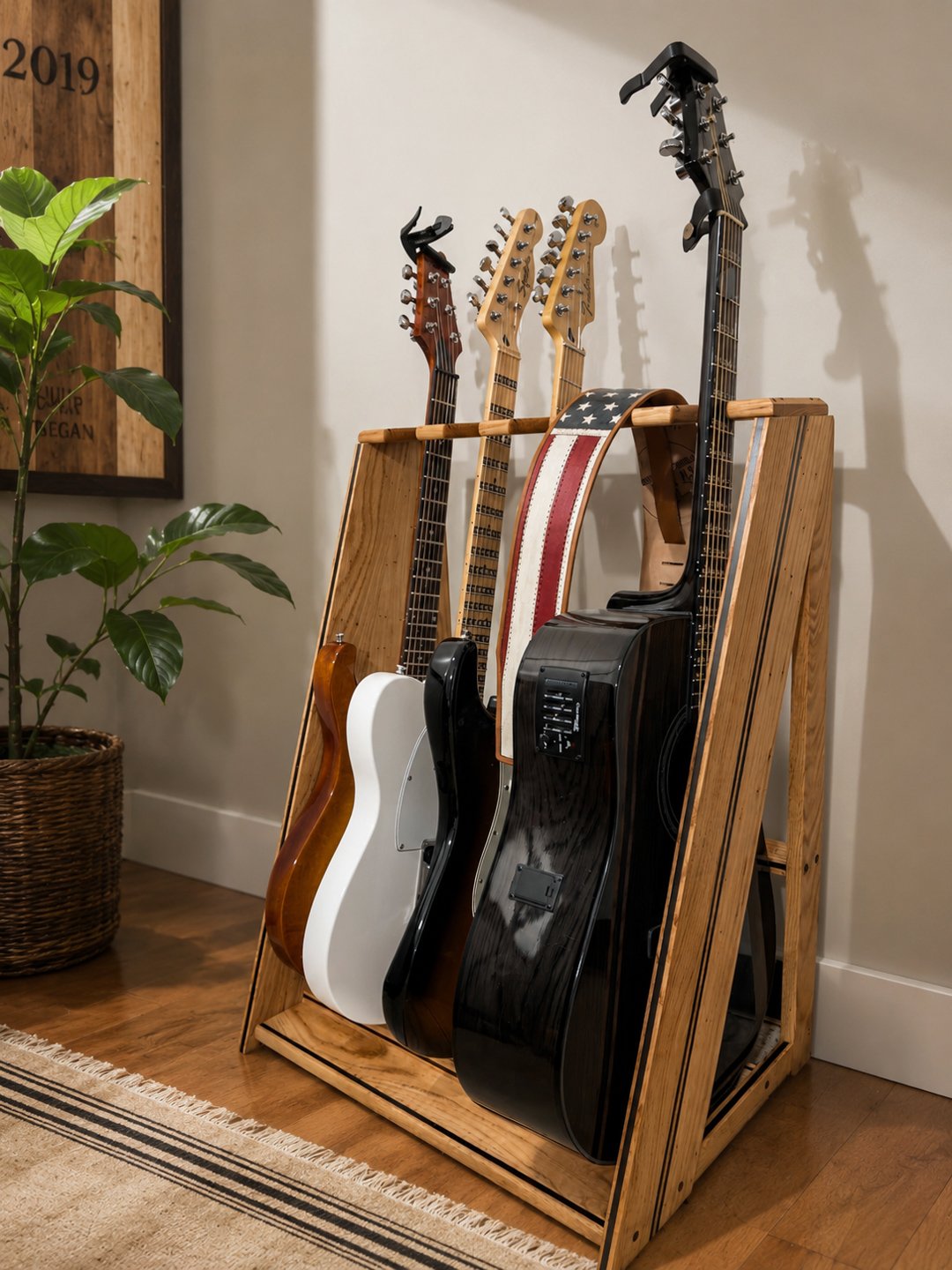 A wooden multi-guitar rack holding several acoustic guitars upright in a row, against an interior wall in a music room