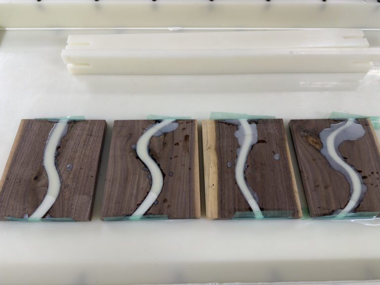 Walnut panels with white resin channels for a walnut epoxy spinning magnetic knife block