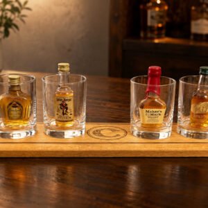 Personalized whiskey tasting flight board with four glasses and miniature liquor bottles on a dark table