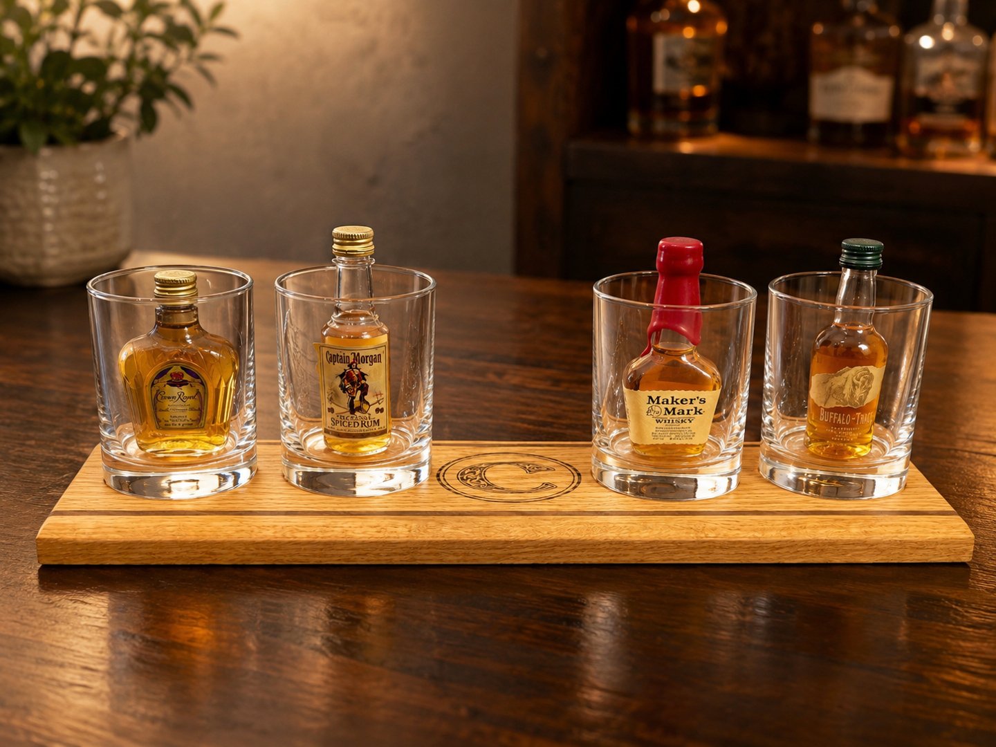 Personalized whiskey tasting flight board with four glasses and miniature liquor bottles on a dark table