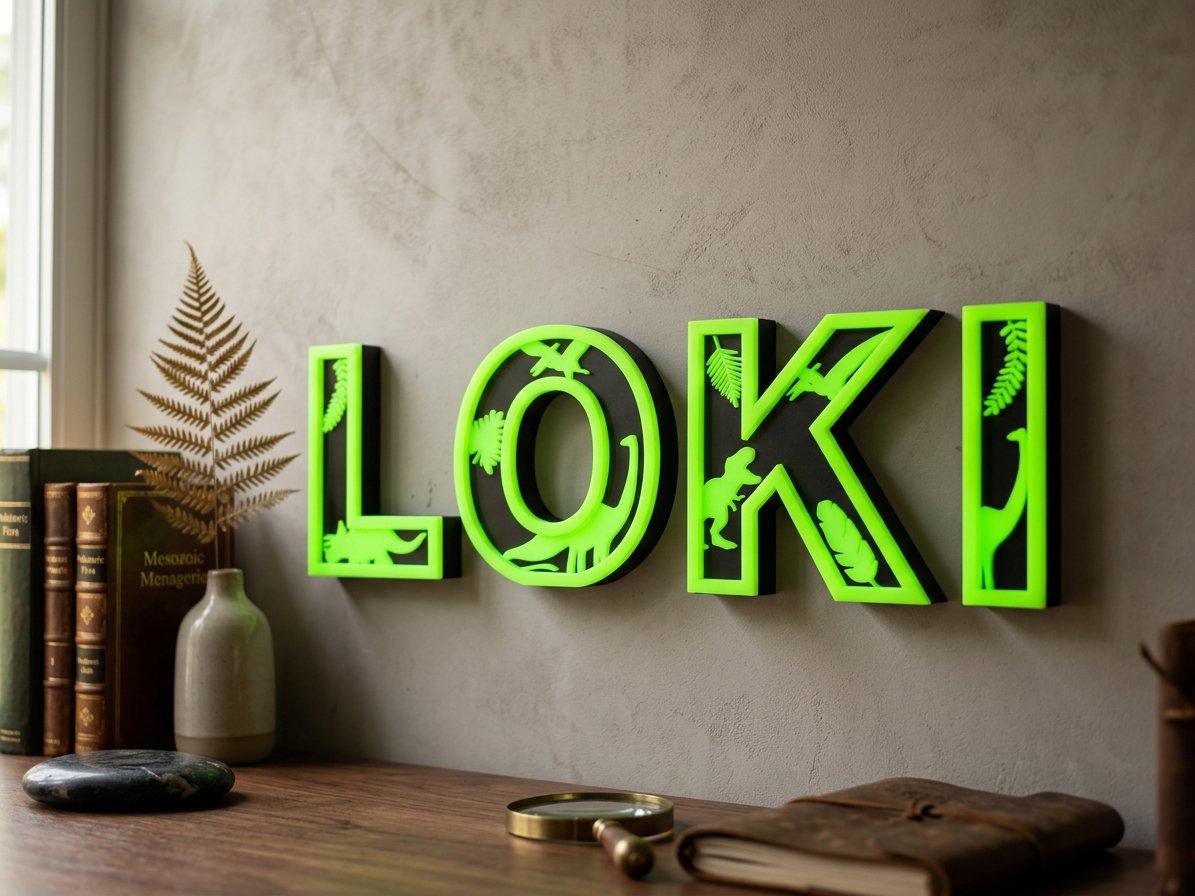 3D printed name letters in green and dark with dinosaur cut-outs, on a wooden bookshelf