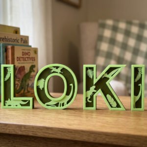 Custom 3D printed name letters spelling LOKI with dinosaur cut-outs on a nursery shelf