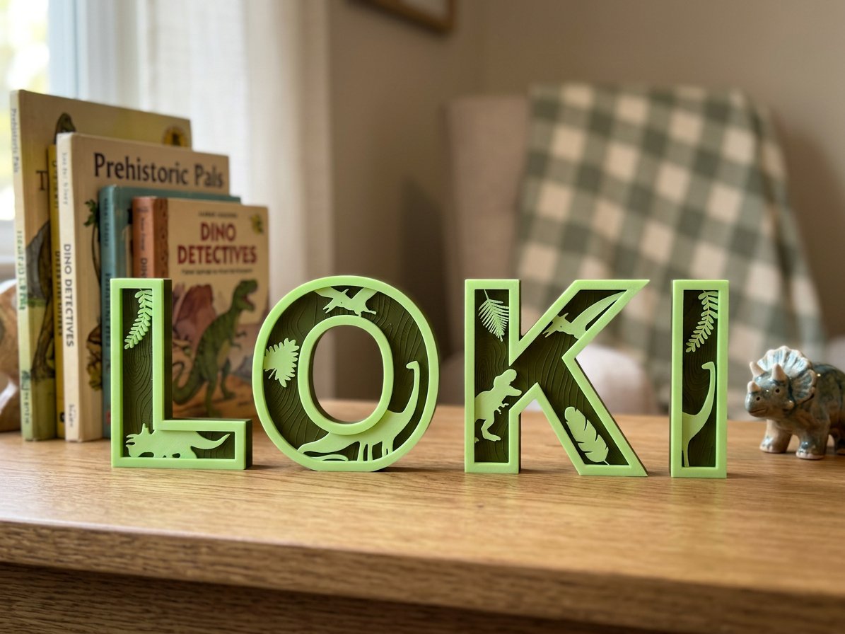 Custom 3D printed name letters spelling LOKI with dinosaur cut-outs on a nursery shelf