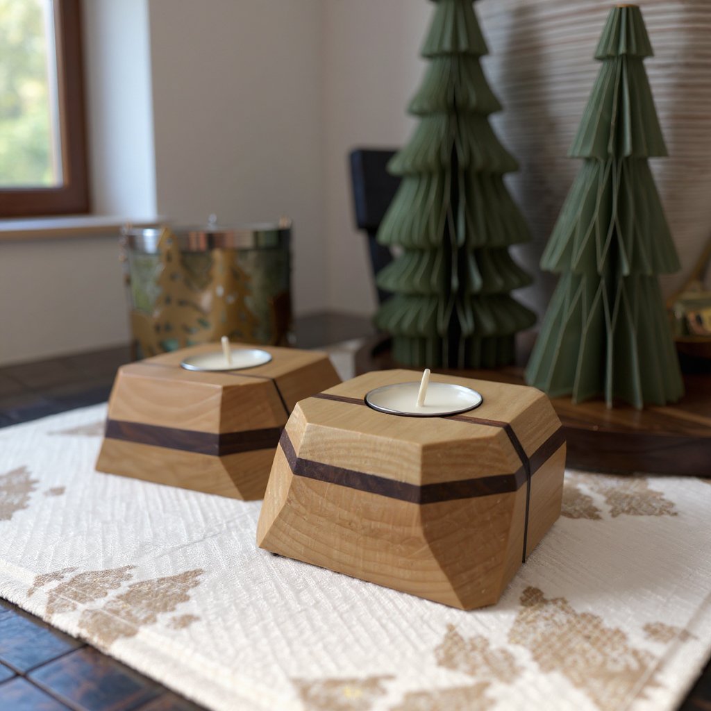 Faceted hardwood tea light holders with dark walnut stripes on a holiday tabletop
