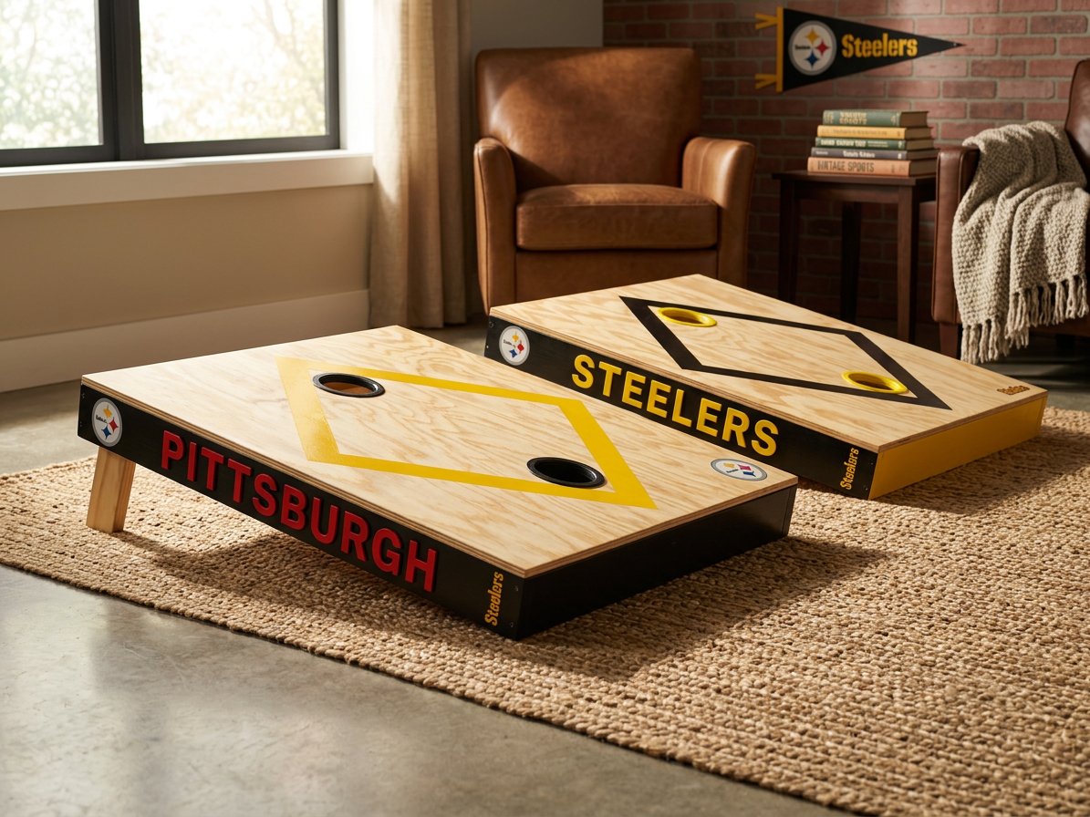 A pair of custom toss game boards set up in a game room, ready for play.